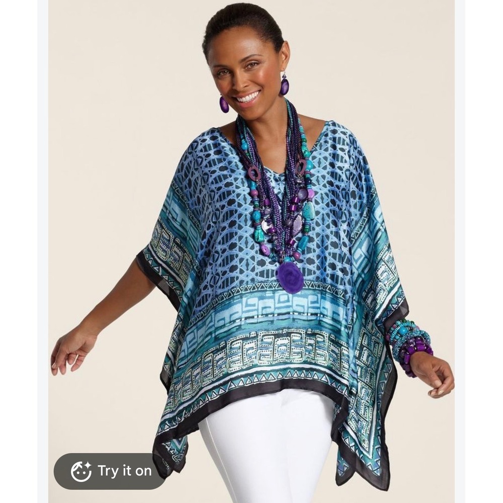 Chico's Blue Batik Print Kaftan Tunic Top V-Neck poncho shall artsy art to wear